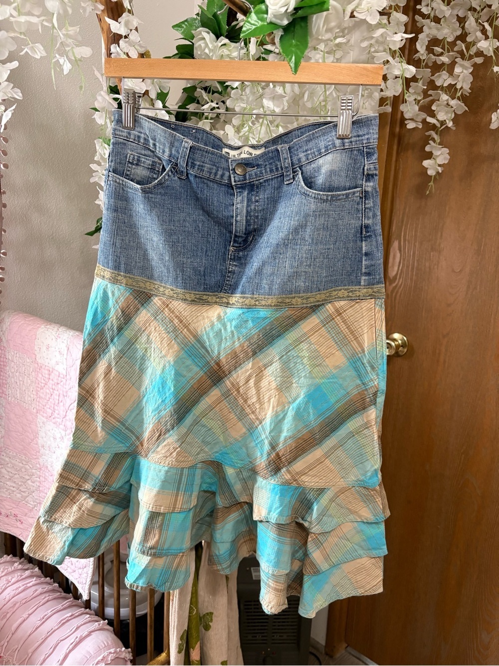 Vintage Blue Denim & Turquoise Plaid Asymmetrical Ruffle Skirt